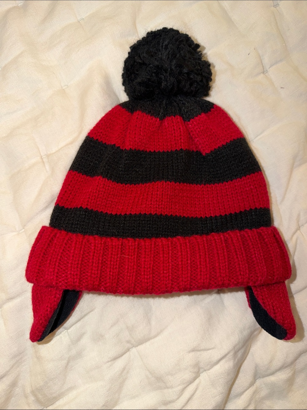 The Children's Place Red and Black Striped Pom-Pom Earflap Beanie
